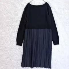 ソノ/長袖ニットワンピース　異素材ミックス　ネイビー　バッグギャザースカート