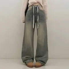 ワイドデニムパンツ ウォッシュ加工 ドローストリングのサムネイル
