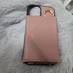 ピンク レザー風 iPhone12ケース カードポケット付き