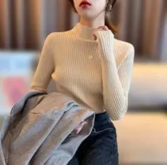 【新品】ハイネックニット ボトルネック リブニット トップス アプリコット