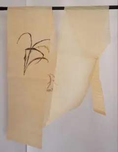 名古屋帯 作家物 落款あり 白地 手描き 金×墨×蘭？稲穂？ 中古 シミ 