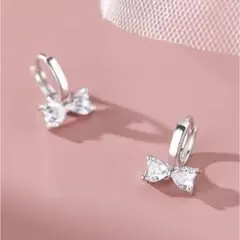 リボン ピアス シルバー S925 刻印 CZ ダイヤ キャッチレスのサムネイル