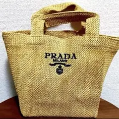 PRADA ノベルティ ベージュ⭐️ラフィアミニトートバッグ 【新品】刺繍