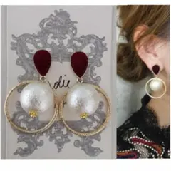 622＊ボルドー ベロア パール リング 大人可愛い 高見え 上品 プチプラ