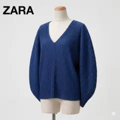 【美品】ZARA ザラ プリーツVネックトップス ネイビーM 18SS