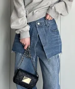 値下げデニムパンツ M 新品　ライトブルー　レイヤード風　デニムスカート