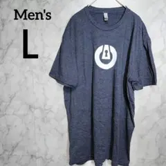 デザイン古着 クルーネック 半袖 プリント L 紺 綿 ポリ Tシャツ メンズ