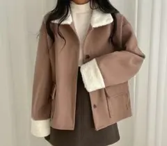 韓国　カジュアル　スエード調　ボア　ジャケット　コート　ボタン　ブラウン