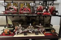 時代物雛人形8体アンティークヴィンテージ昭和初期貴重雛道具ガラスショーケース付きのサムネイル