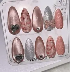 ワンホンネイル　ピンク　リボン　ツイード　マグネット　ネイルチップ