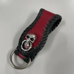 ベルトループ 牛革 キーホルダー コンチョ付き レザー バイカー ドクロ 赤×黒