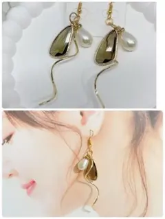 ハンドメイドピアス❤️キラキラブラウンガラス×しずくパール×ひねりチャームピアス❤️
