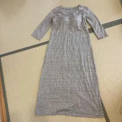 ユニクロ カップ付き 七分袖 杢グレー ロング ワンピース Lサイズ