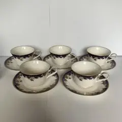 D-4 ノリタケ アイボリーチャイナ カップ＆ソーサー 5客 セット 紺 金彩