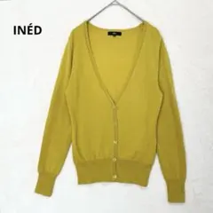 イネド Vネックカーディガン ウール混 9号 ニット 羽織 黄色 P1293