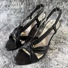 銀座かねまつ　黒　サンダル23.5cm　レザー　結び　バックストラップ