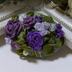 くるみボタン刺繍　ブローチ　薔薇　オーバル