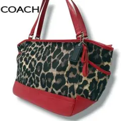 COACH　レオパード柄　トートバッグ　 レザー　キャンバス 　赤のサムネイル