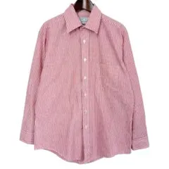 海外古着 ストライプ柄 胸ポケット 長袖 シャツ 赤 白 Mサイズ