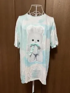 うさぎプリント 半袖Tシャツ 水色 リボン付きのサムネイル