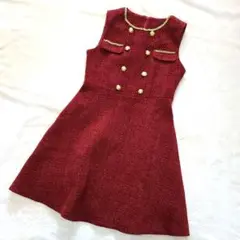 【極美品】Liwaiノースリーブツイードワンピース　レッド　金ボタン　チェーン
