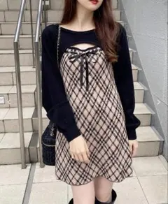 INGNI デコルテオープンチェック柄切替ニットワンピース