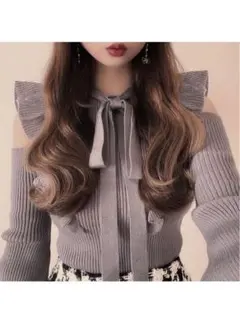 GRL ボウタイ付きショルダーオープンフリルニット[dr355]