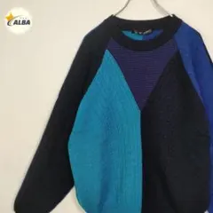 デザインニット　セーター　ケーブル編み　マルチカラー　イタリア　リメイク風　M