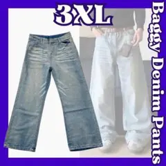 バギーデニムパンツ 3XL ワイドシルエット ハイウエスト ユーズド加工