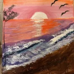 アリゾナの夕日】手描き 肉筆 クレヨン画 絵画 A4サイズ 814,額装