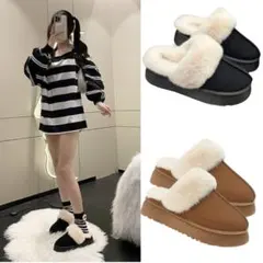 【レディース ボアスリッポン】サンダル スエード調　厚底　韓国　ブラック　防寒