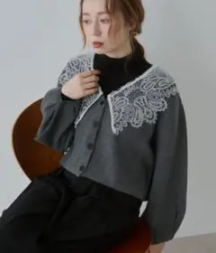 Bab レース襟つきショートニットカーディガン