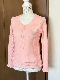 サイズL【Dear Plants】ピンク リボン付き Uネック ニットセーター
