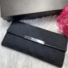 GUCCI GGキャンバス 二つ折財布 Wフラップ ロゴプレート ブラック