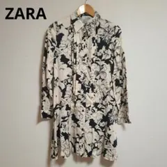 ZARA ザラ 花柄 ワンピース モノトーン フラワー シャツ ボタニカル柄 M