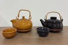 【美品】民芸調 土瓶蒸し 2客セット 飴色＆黒 敷皿・猪口付き 器　昭和レトロのサムネイル