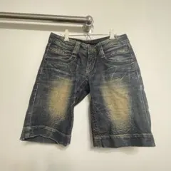 ダークブルー デニムショートパンツ クラッシュ加工　y2k