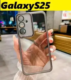 GalaxyS25 レンズ保護フィルム付　透明ケース　　黒　Galaxyケース