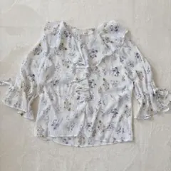 七分袖荷葉邊襯衫 M 長袖襯衫 印花糖果袖 白色