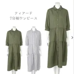 ティアード 7分袖ワンピース オリーブ/ストライプグレーマタニティ・産後　西松屋のサムネイル