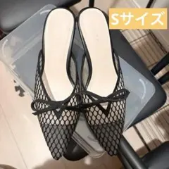 RANDA ブラックメッシュミュール リボン付き