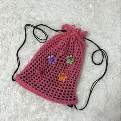 ハンドメイド、編み物ナップサック、ピンク