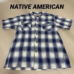 メンズ トップス シャツ 半袖 オーバー チェック柄 襟 ブルー系 L