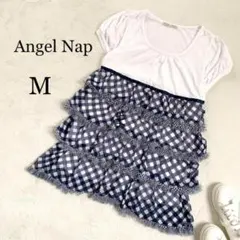 フリルチュニック　半袖　異素材　チェック　パフスリーブ　M