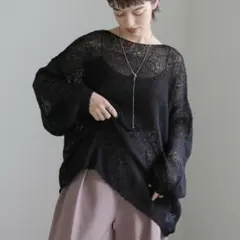 【未使用タグ付き】透け感オーバーサイズ黒サマーニットプルオーバー