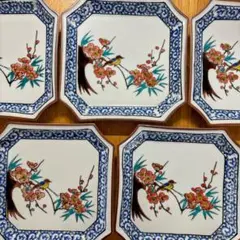 九谷焼　暁堂　蛸唐草　花鳥　6号皿揃　中皿　角皿　銘々皿　辺18.5cmのサムネイル