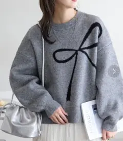 ビックリボンジャガードプルオーバー　リボンモチーフ グレー 長袖ニット M