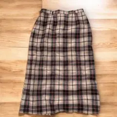 ウール混 チェック柄 ロングスカート 裏地付き ベージュ系 秋冬