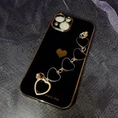 iPhone13ケース ブラック ハートチェーン ベルト韓国