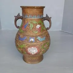 アンティーク　多色多彩彫刻金属　銅製花瓶　ヴィンテージ　匿名配送